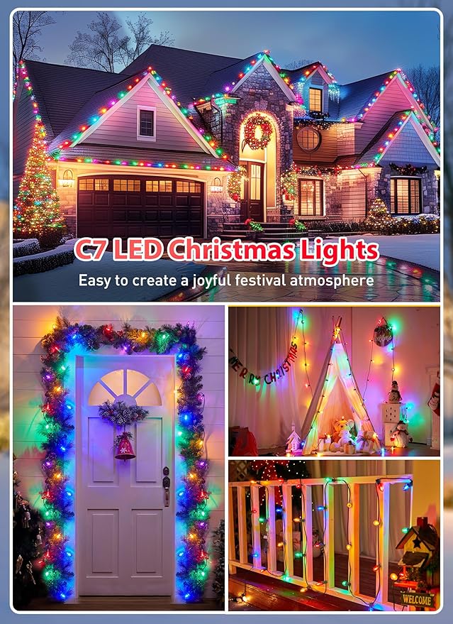 Multicolor C7 LED Christmas String Lights, 50FT C7 Vintage Christmas Lights, Commercial Connectable Christmas Tree Lights for Xmas Holiday Roofline Garden Wedding Decor