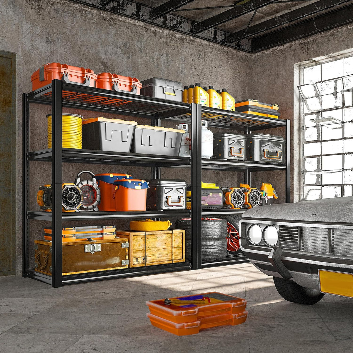REIBII 40" W Garage Shelving 2240 LBS Storage Shelves Adjustable Metal Shelving Heavy Duty 4 Tier Metal Shelves for Garage Kitchen Pantry Warehouse Basement 40" W × 19.5" D × 59.5" H