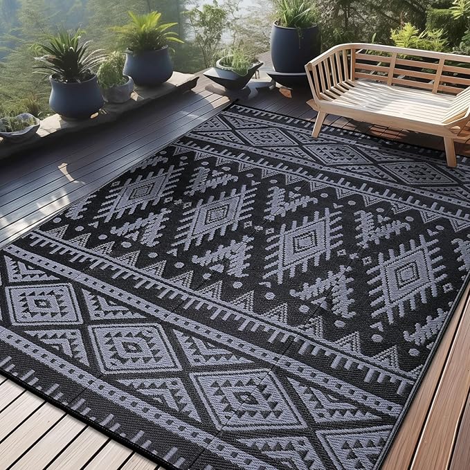 OLANLY Outdoor Rug Waterproof 10x14 ft, Reversible Outdoor Plastic Straw Rug, Boho Patio Rug, Indoor Outdoor Carpet, RV Mat Outside for Patio, Camp, Picnic, Balcony, Deck, Backyard, Black & Grey