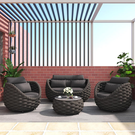 TWT Patio Furniture Set 4 Pieces Aluminum Outdoor Furniture w/27.8in Coffee Table,Patio Conversation Set with Hand Woven Polyester Rope for Backyard Garden Poolside,Dark Gray