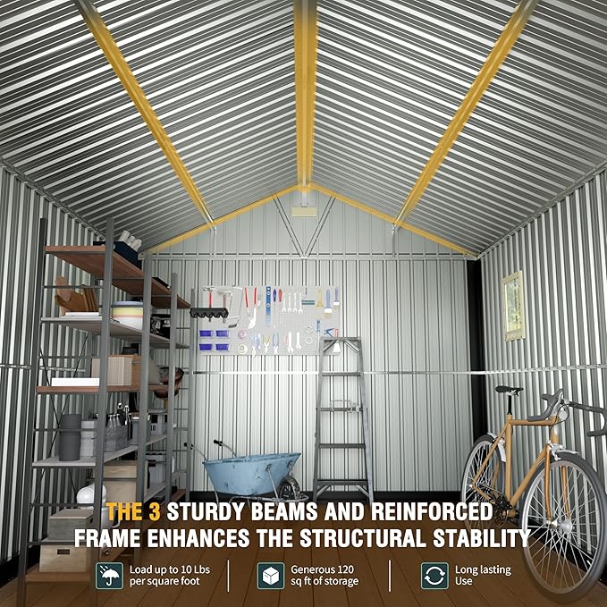 10x12 Ft Outdoor Storage Shed, Extra Large Metal Shed with Lockable Doors, 2 Windows, Outside Steel Tiny House Ideal for Garden, Backyard, Patio Utility, Tool Storage, Chicken Coops