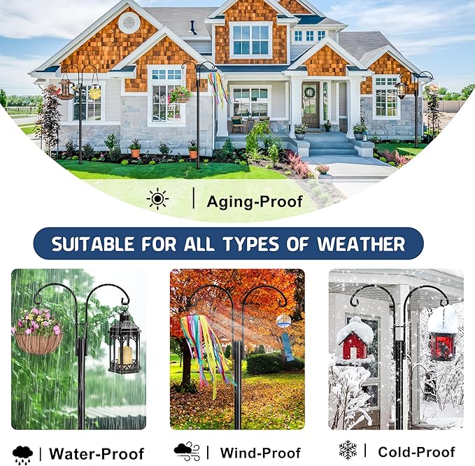 Ottsuls Bird Feeder Pole, 2 Pack 60 INCH Double Shepherds Hooks for Outdoor, Garden Pole with 5 Base Prongs Heavy Duty Planter Hooks for Hanging Plant Baskets, Lantern, Hummingbird Feeder