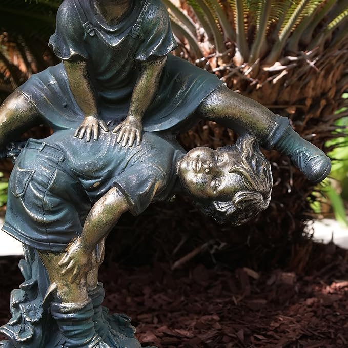 Alpine Corporation 26" Tall Indoor/Outdoor Girl Jumping Over Boy Statue Yard Art Decoration