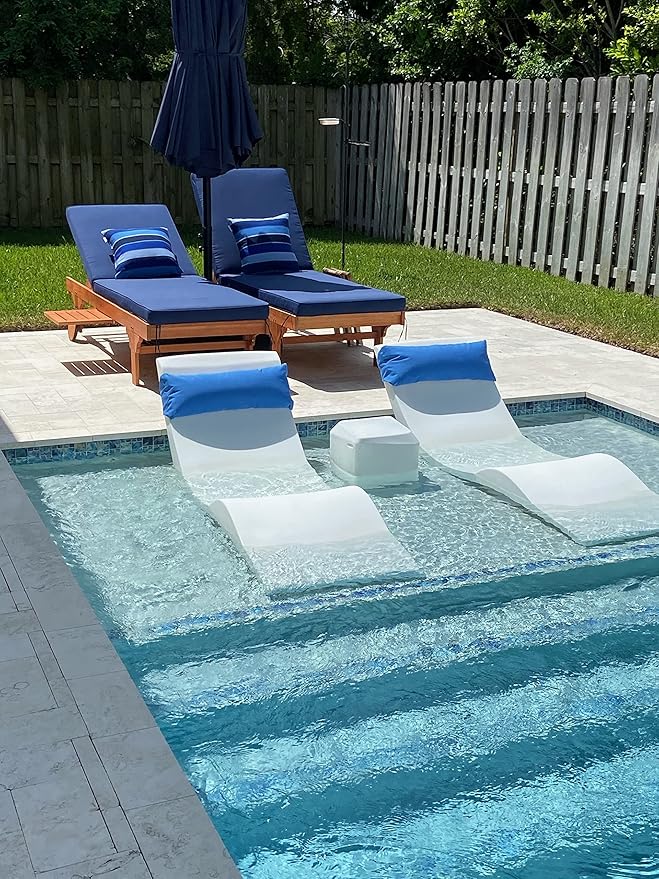 Classic White-Blue - in-Pool Chaise Set – Includes Two Chaises, Two Headrest Pillows, and One Poolside Table – for Ledges Up to 9” - Aqua Outdoors