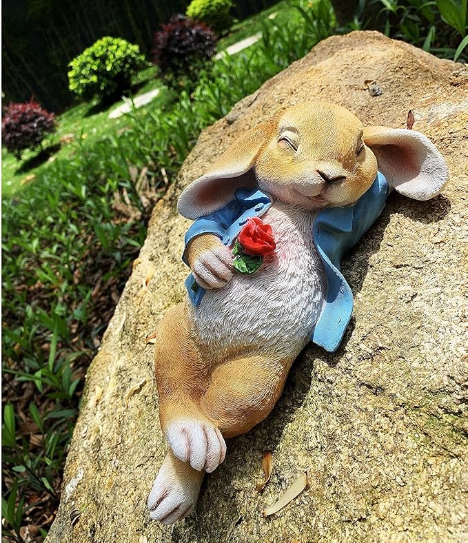 Garden Statues Rabbit, Fantasy Bunny Outdoor Art Décor Animal Figurines Ornament for Thanksgiving Day, Christmas Statue Decorations for Garden Yard Lawn Indoor Sculpture (Blue)