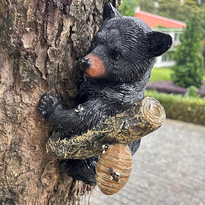 Black Bear Cub Tree Hugger Decor Outdoor Sculpture, Baby Bear Hanging Up a Tree Statue Garden Peeker, Adorable Cute Resin Tree Hugger Bear Face for Gifts and Garden Decor