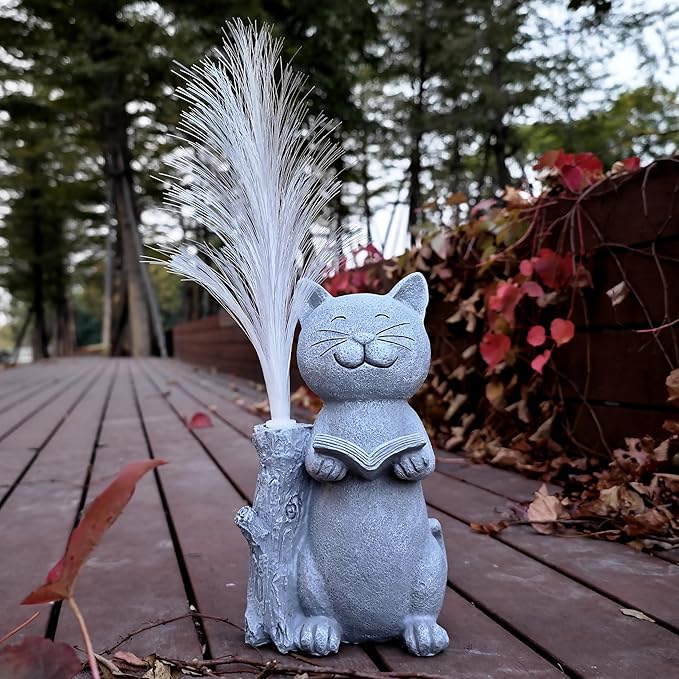 Cat Solar Garden Statues,Resin Cat Figurine Reading a Book and 7-Color Changing Optical Fiber with Solar Lights, Lawn Decor Outdoor Statue for Patio,Balcony,Yard,Lawn Ornament