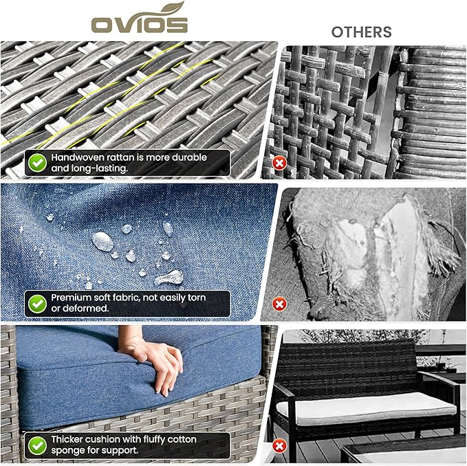 ovios 6 Pieces Patio Furniture Set with 30" Fire Pit Table, Outdoor Wicker Sofa with Comfy Cushions, All Weather High Back Rattan Couch Conversation Set, Denim Blue