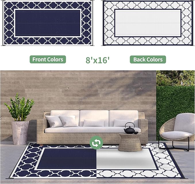 GENIMO 8' x 16' Outdoor Rug Waterproof for Patio, Foldable Reversible Plastic Straw Area Rugs Mat for Rv Decor, Outside Carpet for Camper, Deck, Picnic, Beach, Balcony, Porch, Blue & White