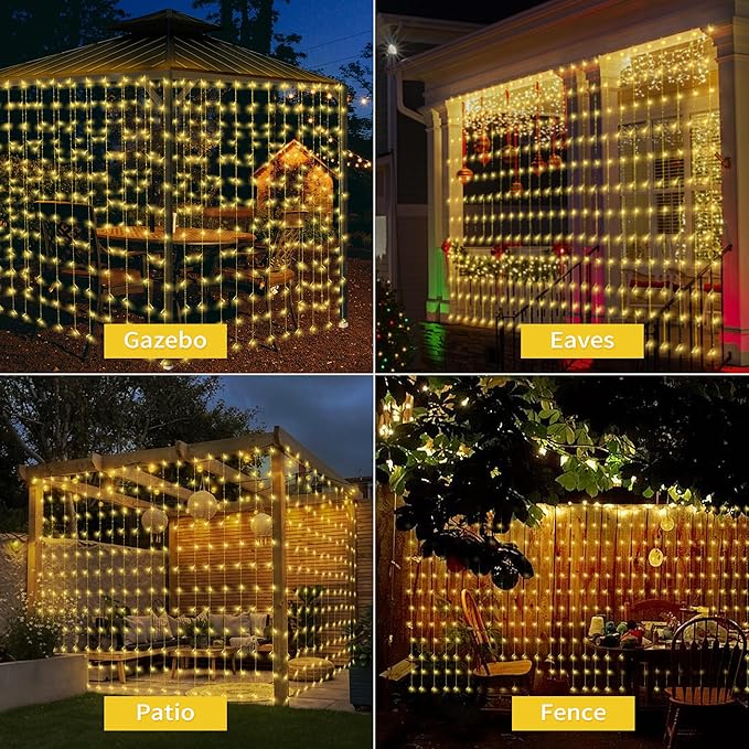 32.8 * 6.56FT Large Size Solar Curtain Lights Outdoor, 8 Modes Outdoor Solar String Icicle Lights, Solar Garden Christmas Lights Decortions for Patio, Gazebo, Eaves, Fence, Tree, Porch (Warm White)
