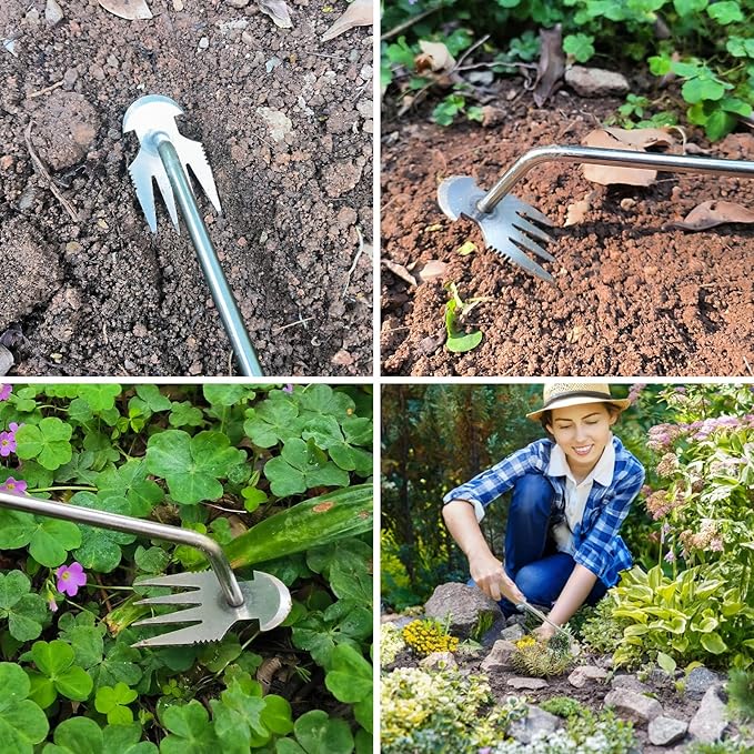 Amposei Weeding Artifact Uprooting Weeding Tool, Multifunctional Weeder, Hand Weeder Tool, Stand Up Weed Puller Tool with Handle for Garden Yard Farm Weed Removal (11in, Wood Handle-A)