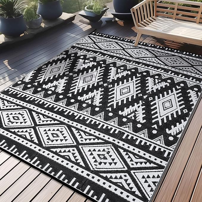 OLANLY Outdoor Rug Waterproof 10x14 ft, Reversible Outdoor Plastic Straw Rug, Boho Patio Rug, Indoor Outdoor Carpet, RV Mat Outside for Patio, Camp, Picnic, Balcony, Deck, Backyard, Black & White