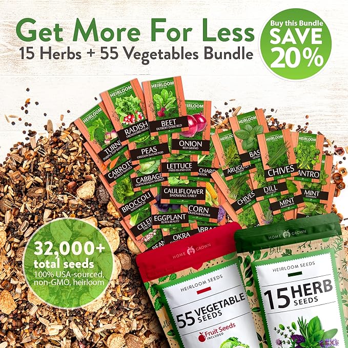 HOME GROWN 70 Variety Vegetable & Herb Seeds – 32,000+ USA Non-GMO Heirloom Survival Seeds –Garden Kit for Spring, Fall, Winter – Indoor & Outdoor Planting – Starter Set for Home Gardeners & Preppers