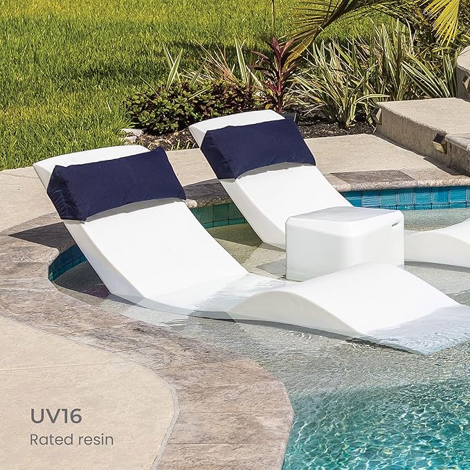 Aqua Outdoors in-Pool DEEP Ledge Chaise Set - Two Chaises - Two Headrest Pillows - Chaise Risers and One Large in Pool Side Table - for ledges 9"-14" inches Deep (White Granite-Grey)