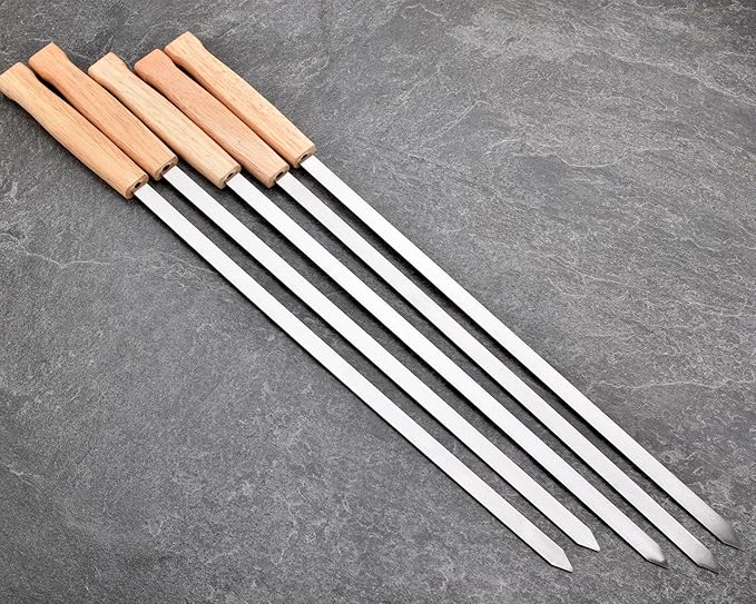 17-Inch Long Flat BBQ Skewers, HONSHEN Brazilian-style Stainless Steel 3/8 Inch Wide Blade with hardwood Handle barbecue skewers for Grilling Meat,Chicken,Shrimp,Vegetables-Set of 12