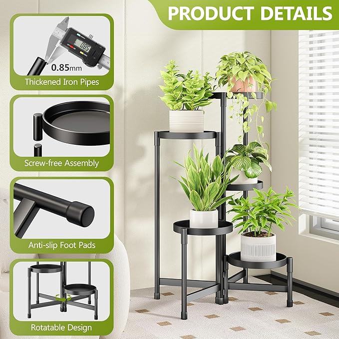 5 Tier Metal Plant Stand Indoor, Rotatable Corner Plant Shelf Outdoor, Tiered Flower Pot Display Stand, Black Multiple Plants Holder for Patio Living Room Balcony Garden Home Decor