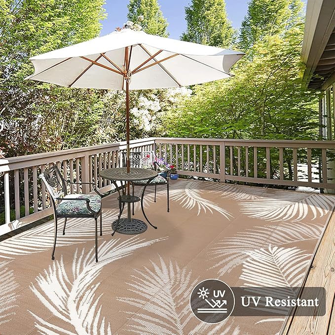 Pauwer Waterproof Outdoor Rug 8x10, Reversible Plastic Straw Patio Camping Rug, Indoor Outdoor RV Mat Carpet for Deck, Camper, Porch, Balcony, Backyard, Picnic, Leaf Brown