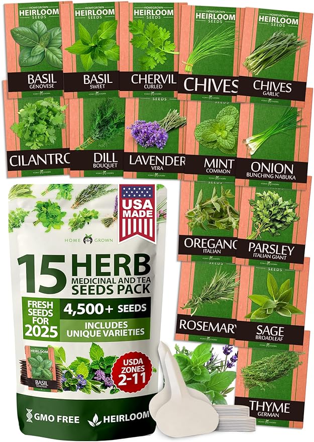 HOME GROWN 15 Herb Seeds for Planting 4,500+ Non-GMO Heirloom Seeds | Extra Large Variety Pack Herb Kit – Indoor Outdoor & Hydroponic | Culinary Seed Set | Grow Your Own Herbs | Gardening Gift