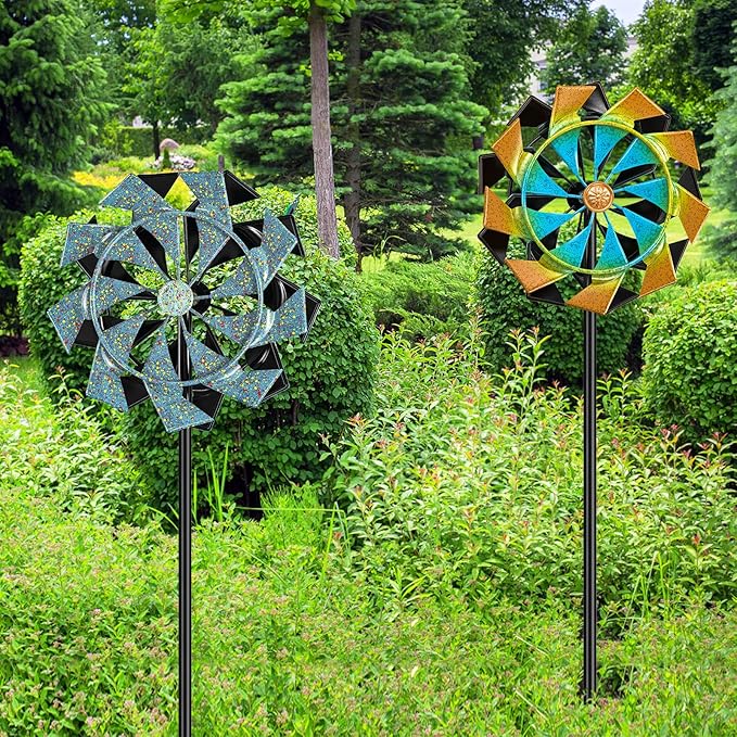 59 inch Outdoor Kinetic Wind Spinner, Double Blade Wind Sculpture with 5 Prong Base, Geometric Metal Windmill for Garden, Lawn & Patio Decoration (Blue Gold)