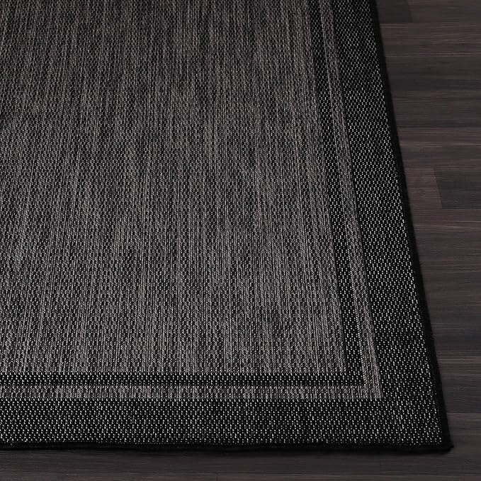 CAMILSON Indoor Outdoor Rug, 5x7 Bordered Dark Grey Black Modern Area Rugs for Indoor and Outdoor Patios, Kitchen and Hallway Mats, Washable Porch Deck Outside Carpet (Bordered Black, 5 x 7)