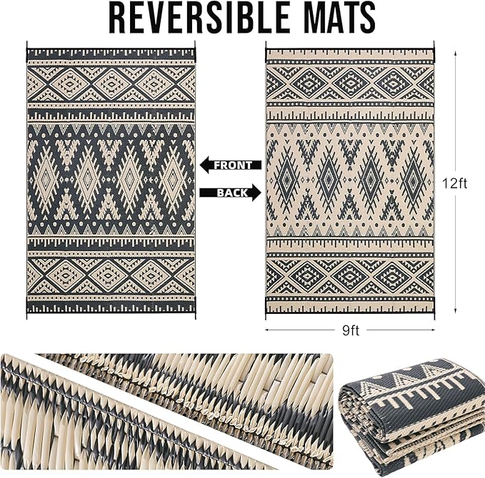 OLANLY Outdoor Rug Waterproof 9x12 ft, Reversible Outdoor Plastic Straw Rug, Boho Patio Rug, Indoor Outdoor Carpet, RV Mat Outside for Patio, Camp, Picnic, Balcony, Deck, Backyard, Black & Beige
