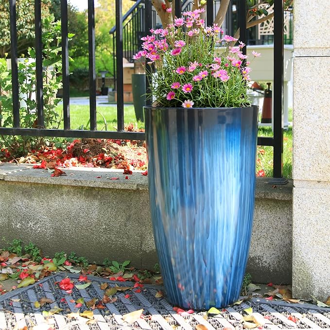 Worth Garden 23.5" H. Large Plastic Planters - Set of 2 Gradient Blue Glossy Smooth Finish - Tall Plant Pots for Indoor & Outdoor Use - Decorative Lightweight Flower Pots for Front Porch, Patio, Deck