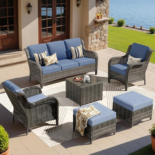 ovios 6 Pieces Patio Furniture Set, Outdoor Wicker Sofas with Glass Coffee Table and Comfy Cushions, All Weather High Back Couch Set for Deck Porch, Grey Rattan, Denim Blue