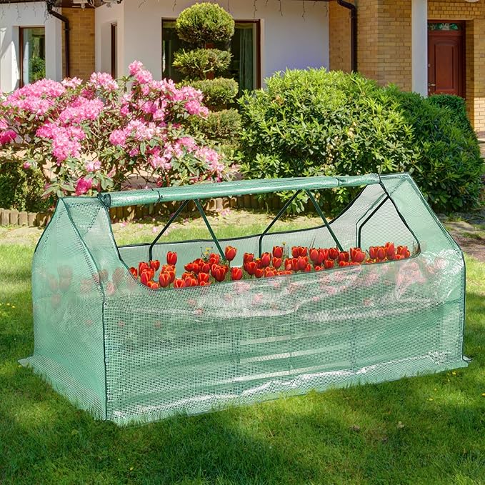 Aoodor 6 x 3 x 1 ft Raised Garden Bed with Mini Greenhouse Kit, Metal Planter Box with 2 Roll-Up Zipper Doors for Vegetables, Herbs, and Flowers