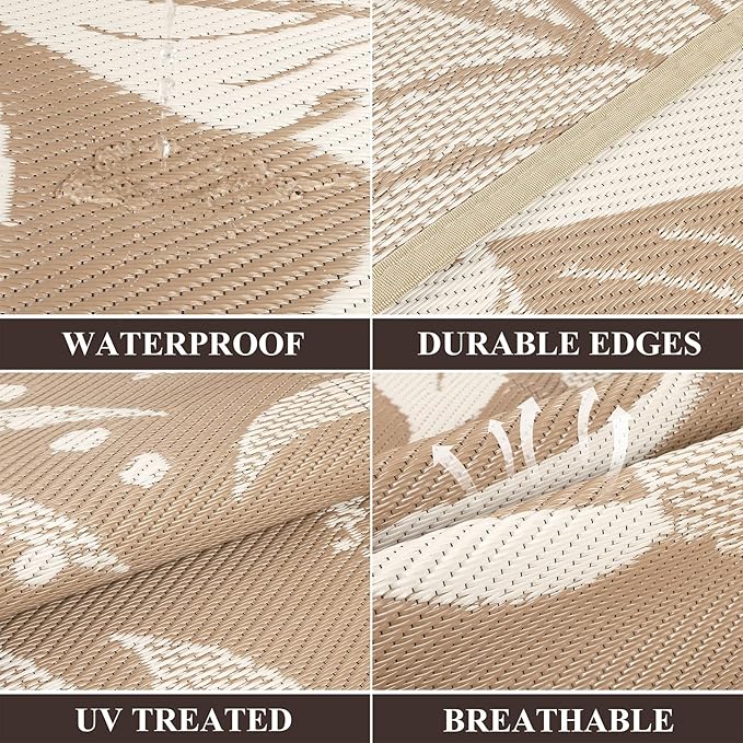 Pauwer Waterproof Outdoor Rug 8x10, Reversible Plastic Straw Patio Camping Rug, Indoor Outdoor RV Mat Carpet for Deck, Camper, Porch, Balcony, Backyard, Picnic, Floral Brown