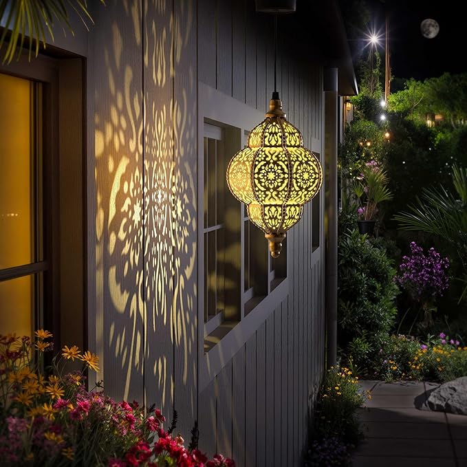 Hanging Solar Lights Outdoor Garden Decor Solar Lantern Waterproof Plastic Moroccan Outdoor Decorations for Patio Pathway Yard Backyard Garden Decorative (1 Pack, Bronze)