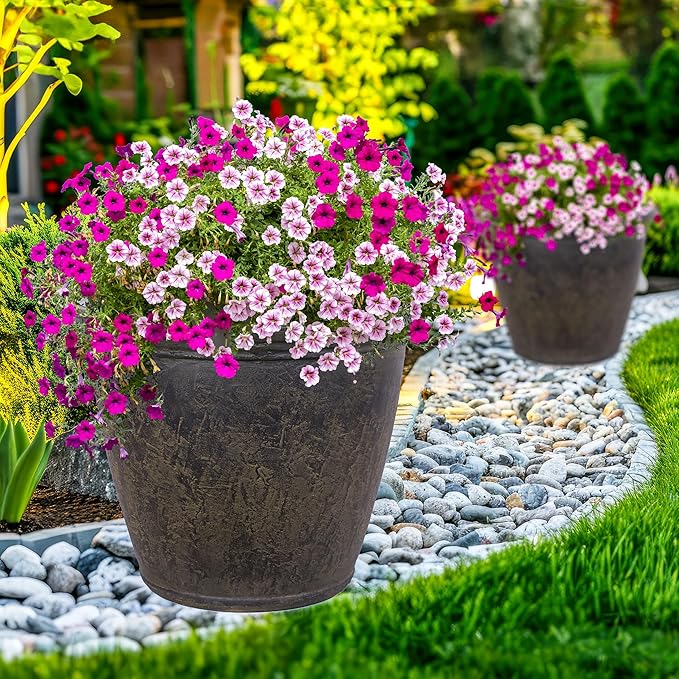 Sunnydaze 24-Inch Anjelica Large Plastic Pot for Plants - Outdoor Polyresin Round Planter with Drillable Drainage Holes - Sable
