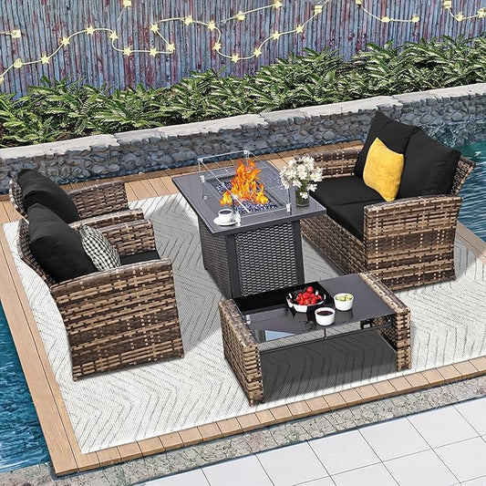 5 Piece Patio Furniture Set with 43" Propane Fire Pit Table, Outdoor Wicker Conversation Set, Rattan Modern Sectional Sofa Couch with Coffee Table for Backyard Porch Garden Poolside, Yellow-Black