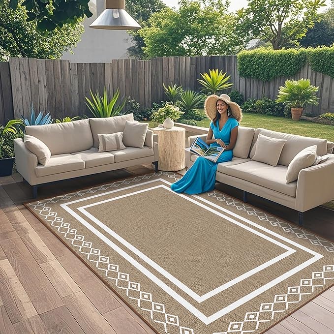 Outdoor Patio Rug, Outside Rectangular Carpet, Moroccan Geometric Rugs, Washable Large Indoor Outdoor Rug 8x10 Mats for RV, Picnic, Backyard, Deck, Balcony, Porch, Beach