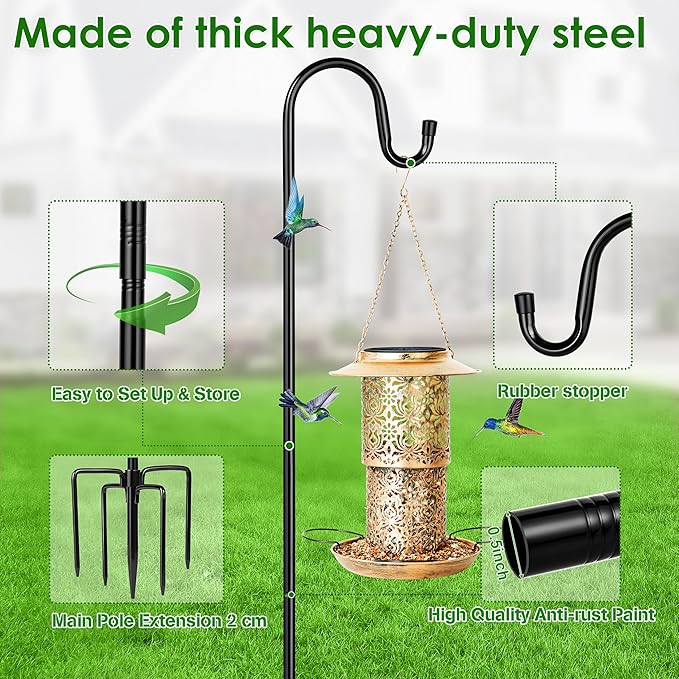XDW-GIFTS Bird Feeder Pole for Outdoor, 4-Pack 45 Inch Shepherds Hooks Heavy Duty Garden Pole for Hanging Plant Basket, Solar Light Lanterns, Garden Plant Hanger Stands with 5 Base Prongs