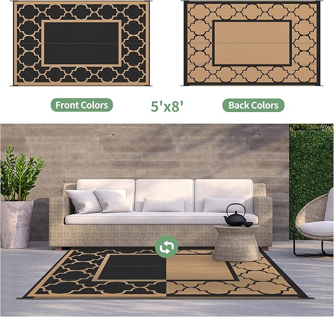 GENIMO 5' x 8' Outdoor Rug Waterproof for Patio Decor, Foldable Reversible Plastic Straw Area Rugs Mat for Camper, Outside Carpet for Rv, Deck, Porch, Picnic, Beach, Balcony, Black & Brown