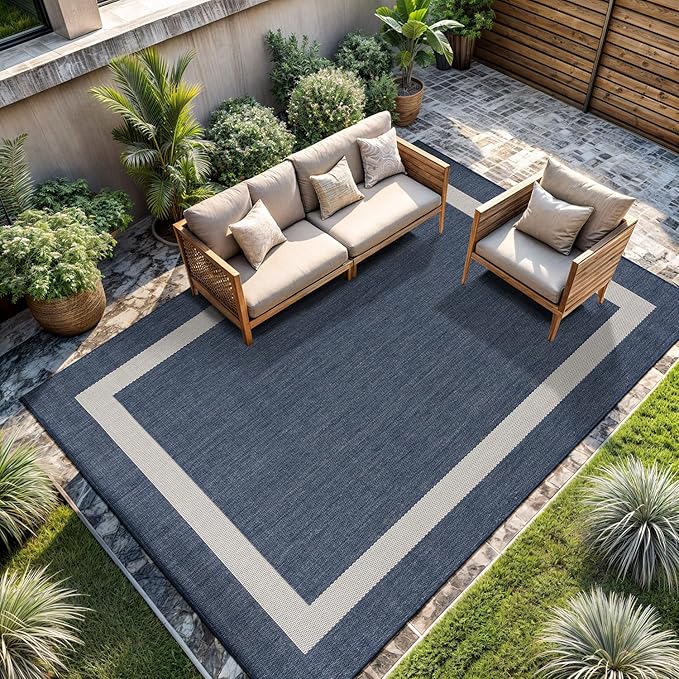 CAMILSON Outdoor Rug 8x10, Modern Outside Rugs for Patios Porches Waterproof Durable Washable Non-Shedding, Easy-to-Clean Indoor Outdoor Area Carpet (8 x 10, Bordered - Blue/White)