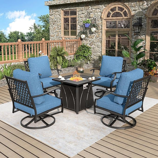 Patio Furniture Set with Fire Pit Table, 5 Pcs Metal Outdoor Conversation Set, 4 Swivel Chairs with 5.75" Extra Thick Cushion and 28" Fire Pit Table for Backyard Deck, Navy Blue