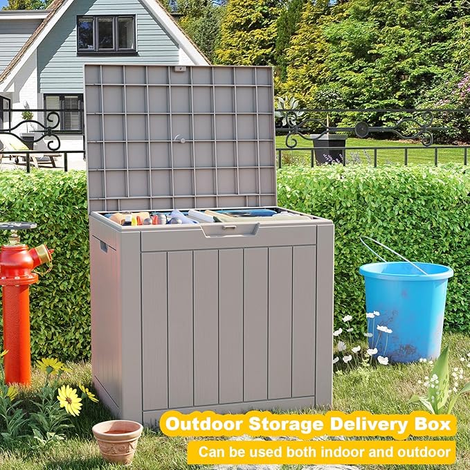 30 Gallon Resin Deck Box, Lockable Outdoor Storage Box for Patio Cushions Storage Furniture,Garden Tools, Pool Supplies, Weatherproof and UV Resistant- Grey