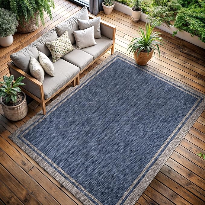 CAMILSON Outdoor Rug, 8x10 Bordered Navy Blue Gray Modern Area Rugs for Indoor and Outdoor Patios, Porches Waterproof Washable Porch Deck Outside Carpet (Bordered Navy, 8 x 10)