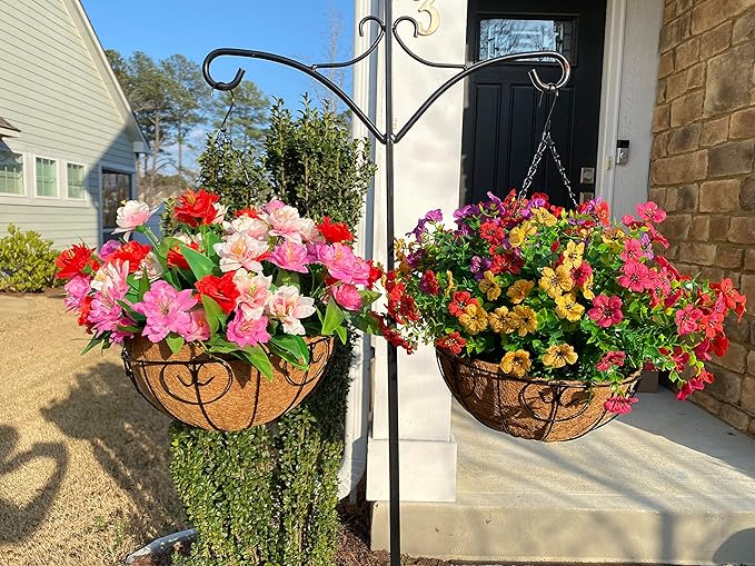 Artificial Faux Hanging Plants Flowers Basket for Spring Summer Outdoor Outside Decoration, Fake Silk Colorful Daisy Eucalyptus in Planter UV Resistant Realistic for Porch Patio Balcony Yard