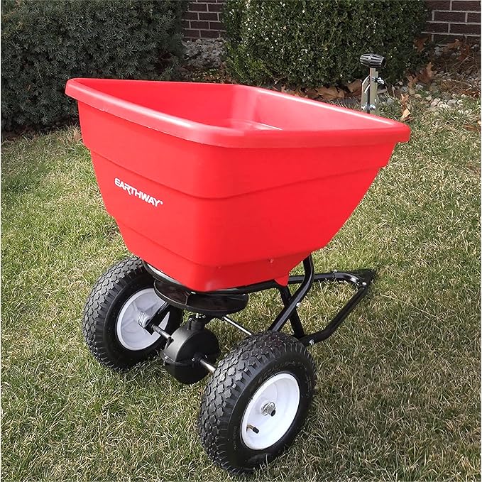 EarthWay Products T150 150lb Towable Broadcast Fertilizer Spreader, Seed Spreader, Pull Behind Aerator/Seeder for Garden Tractor, Easy Flow Control, Adjustable, Non-Skid Tires