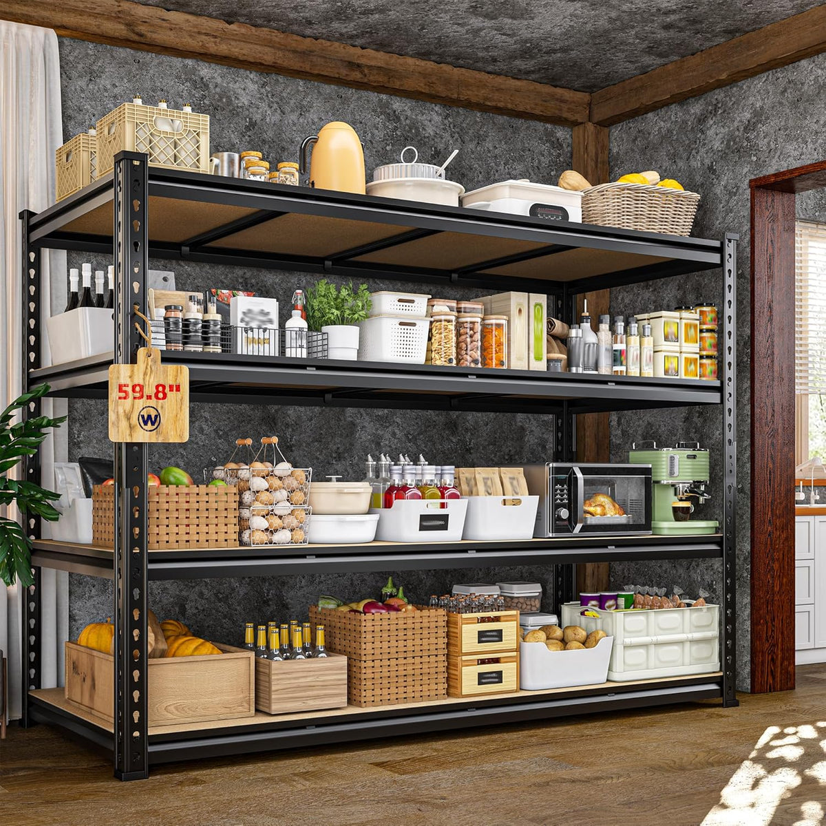 59.8"W Metal Shelving 59.8"H Storage Shelves 2200LBS Garage Shelving Adjustable Metal Shelves Heavy Duty 4 Tier Pantry Shelf for Basement Warehouse Pantry Supermarket 59.8"W x 24"D x 59.8"H