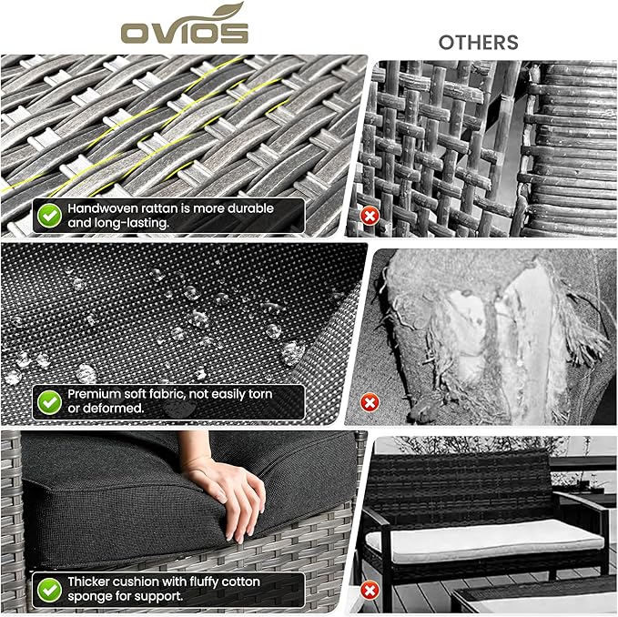 ovios 8 Pieces Patio Furniture Set with 30" Fire Pit Table, Outdoor Wicker Sofa with Comfy Cushions, All Weather High Back Rattan Couch Conversation Set, Black