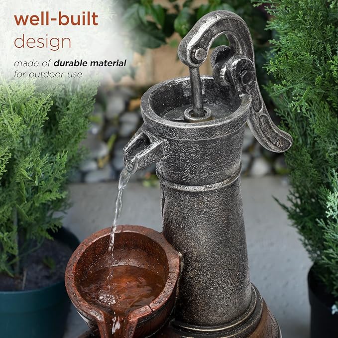 Alpine Corporation ZEN403S Indoor/Outdoor Floor Vintage Farmhouse Barrel Fountain, Rustic Waterfall for Garden, 24", Brown