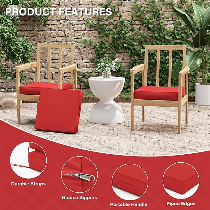 Patio Chair Cushions 17 X 16 X 3 Inch Waterproof Outdoor Seat Cushions for Patio Furniture, Outdoor Sofa Couch Pads with Ties & Handle, Set of 2, Red