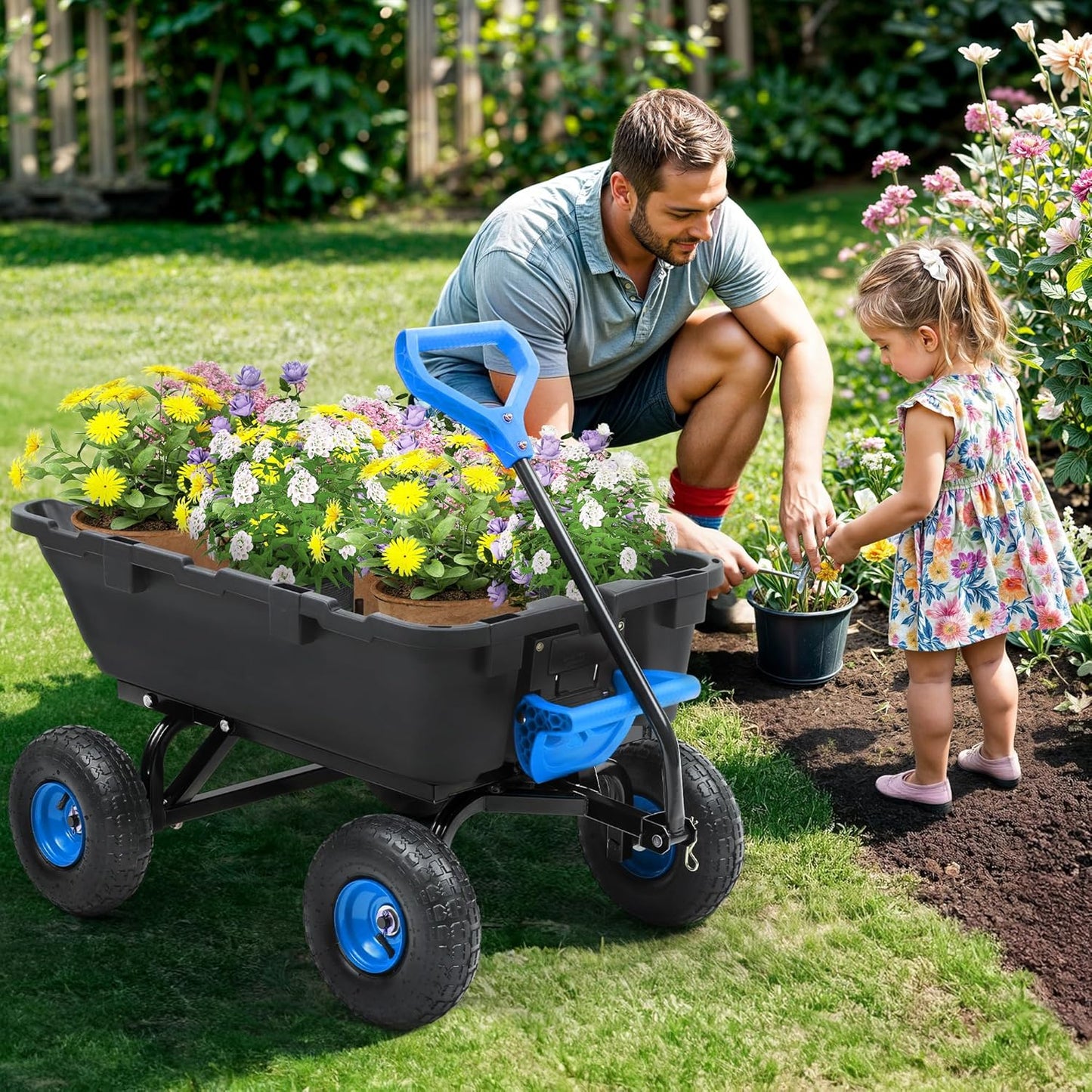 800lb Garden Dump Cart,Utility Wagon Wheelbarrows with Quick-Release System&4 Pneumatic Tires,Heavy Duty Yard Dump Wagon with Steel Frame for Yard, Farm, Gardenand Halloween Hauling (Blue)