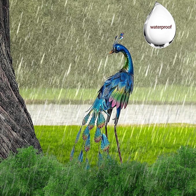 TERESA'S COLLECTIONS Outdoor Decor Peacock Yard Art Garden Sculptures & Statues,Blue Small Metal Bird Lawn Ornaments,18" Outside Mardi Gras Decorations for Porch,Patio,Pond Decor,Gifts for Mom