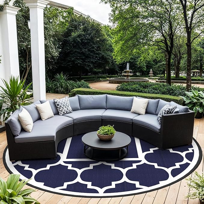 GENIMO 10 ' Round Outdoor Rug for Patio, Waterproof Indoor Outdoor Plastic Straw Rugs Carpet, Reversible Outside Area Mat for Camping, Balcony Porch, Deck, Picnic, Blue White