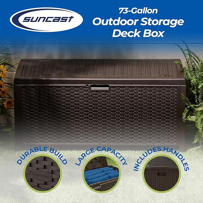 Suncast Outdoor Storage Box - 73 Gallon Mocha Brown Deck Box for Patio, Waterproof Outdoor Storage Bench, Resin Wicker Style, Heavy-Duty, Lockable Lid for Cushions, Shoes, Pool & Garden Gear