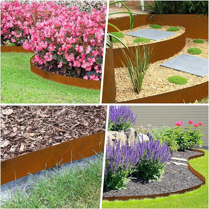 Co rten Steel Landscape Edging 10 Inch Tall 6 Packs, Pre-Rusted Metal Garden Edging with 6 Clips and a Pair of Gloves, Steel Edging for Landscaping, Garden